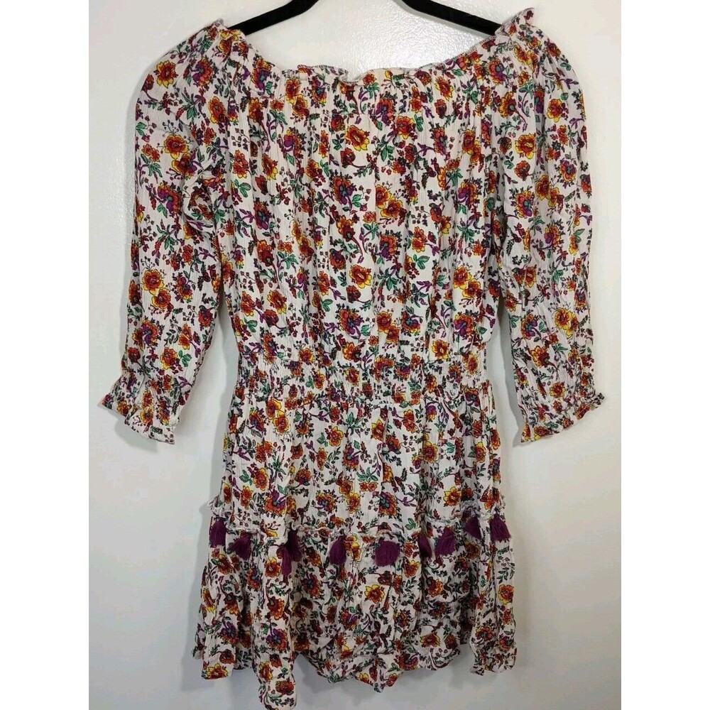 Raga Mini Tunic Dress Floral Tassel Shirred Bohemian Off Shoulder Size Small - Picture 4 of 11